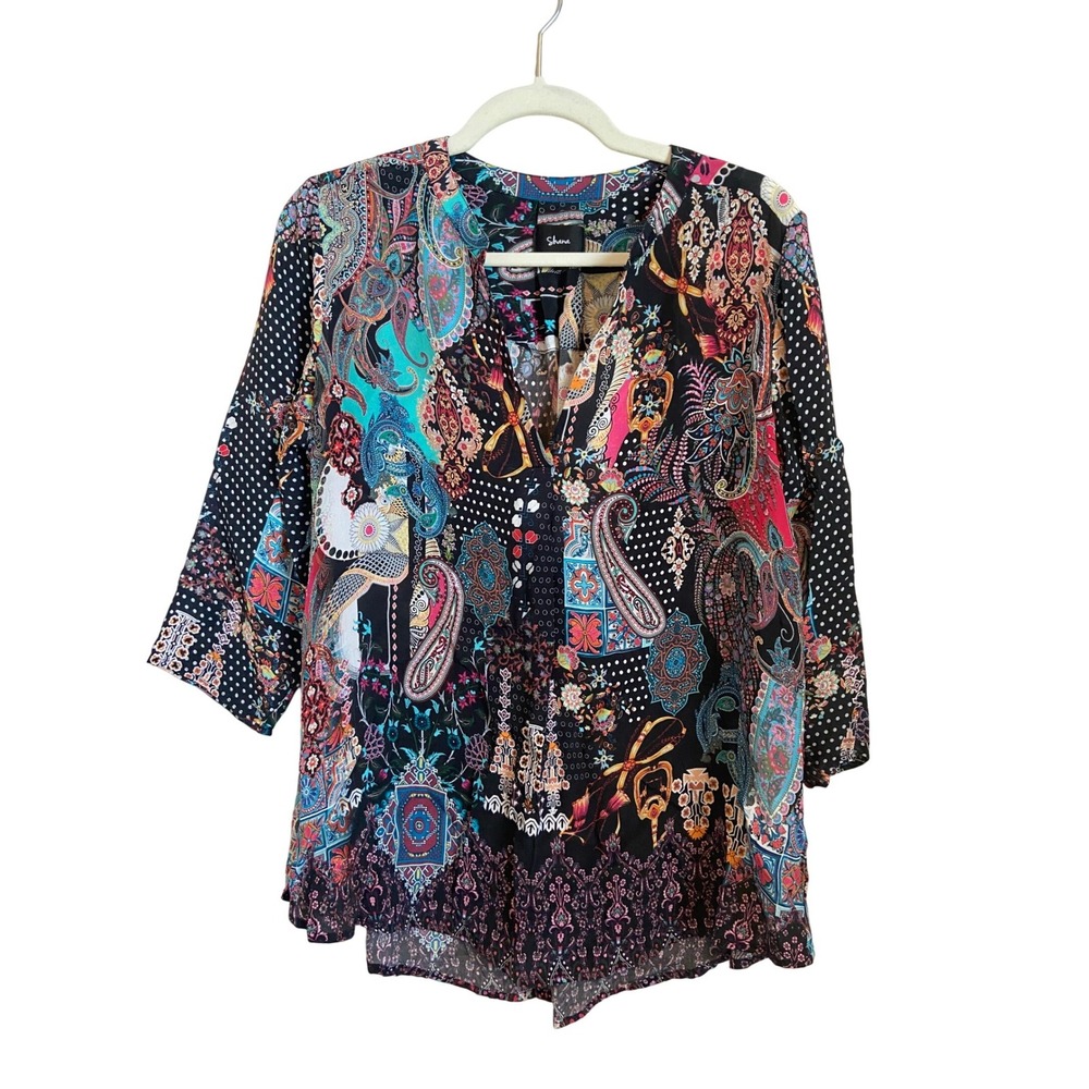 Shana Womens Paisley Polka Dot Mixed Print V-Neck 3/4 Sleeve Viscose Silk Top L